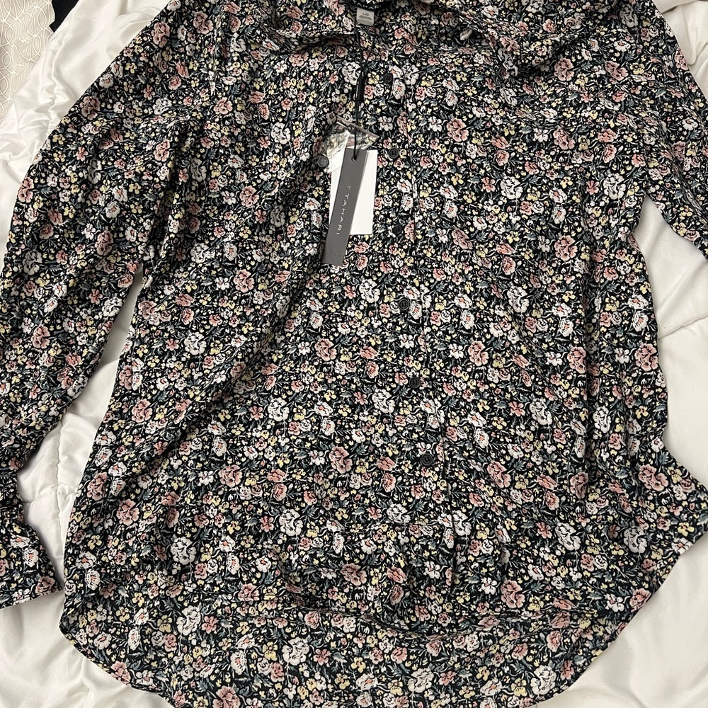 NEW Tahari Black and Pink Floral Blouse